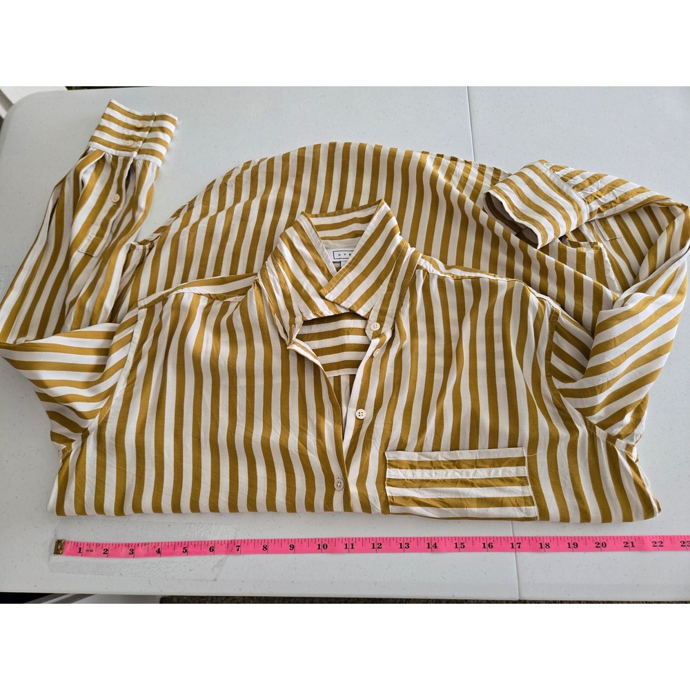 AYR Womens S The Deep End Button Down Shirt Yellow Stripe Silk Blend Oversized - Picture 8 of 10